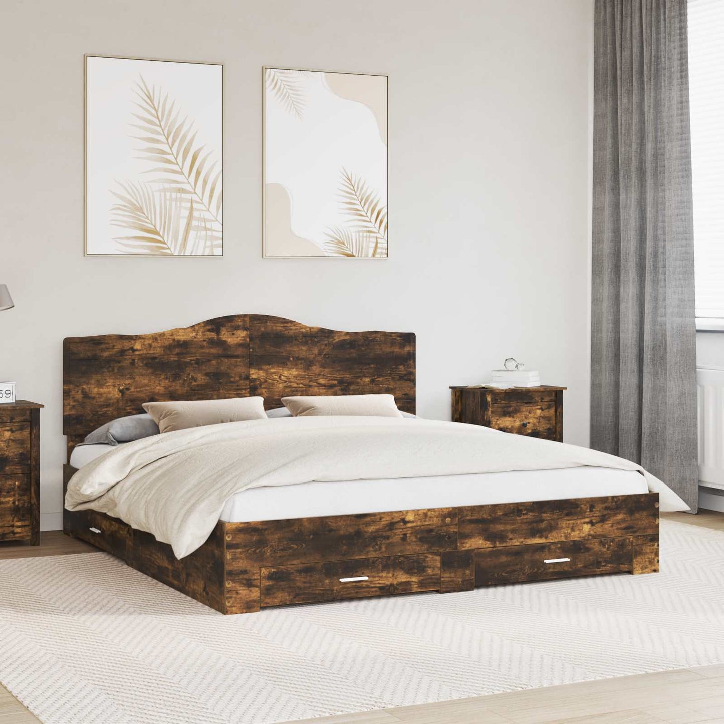 Bed Frame with Drawer Smoked Oak 200 x 200 cm Engineered Wood