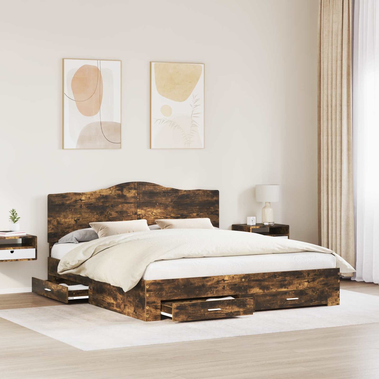 Bed Frame with Drawer Smoked Oak 200 x 200 cm Engineered Wood