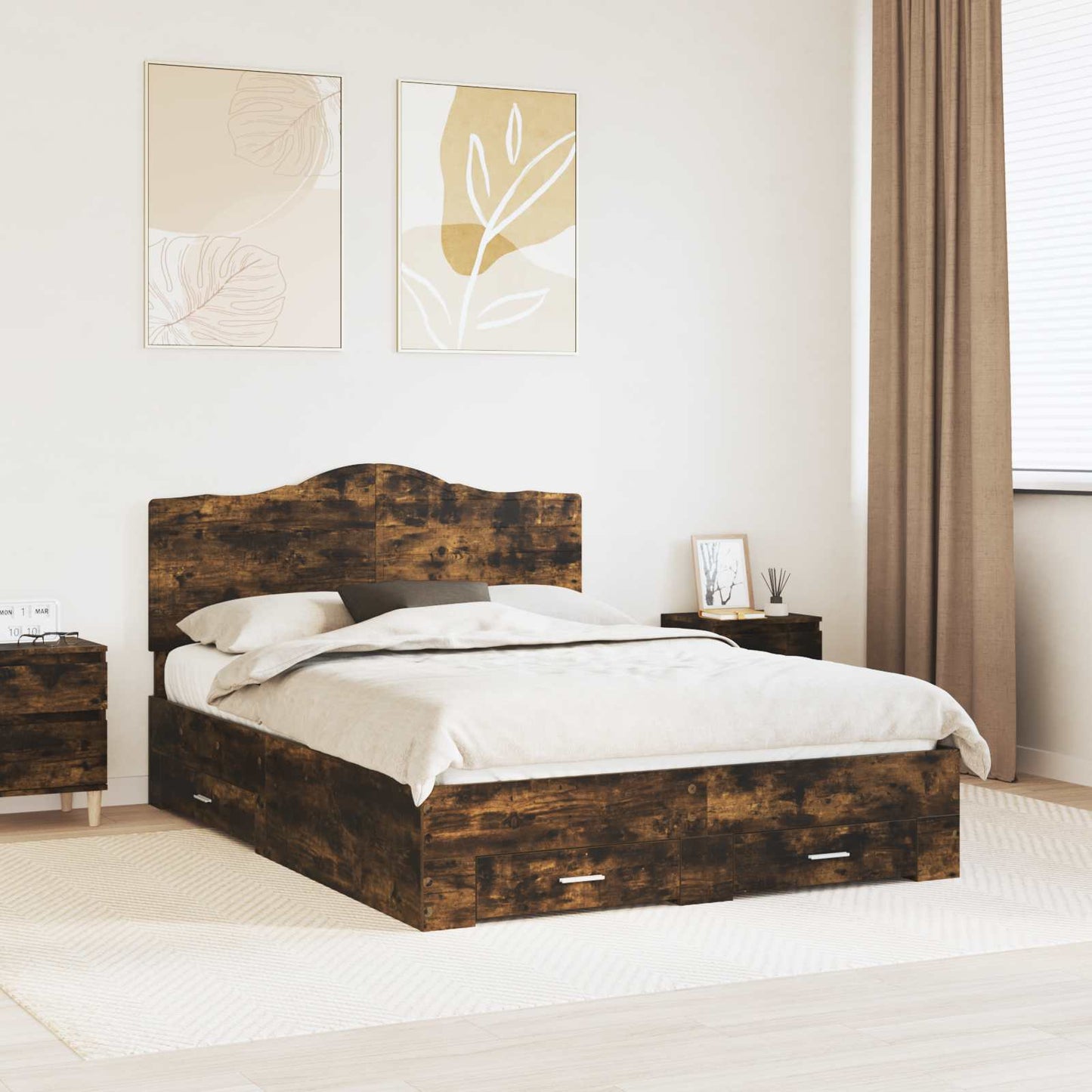 Bed Frame with Drawer Smoked Oak 140 x 200 cm Engineered Wood