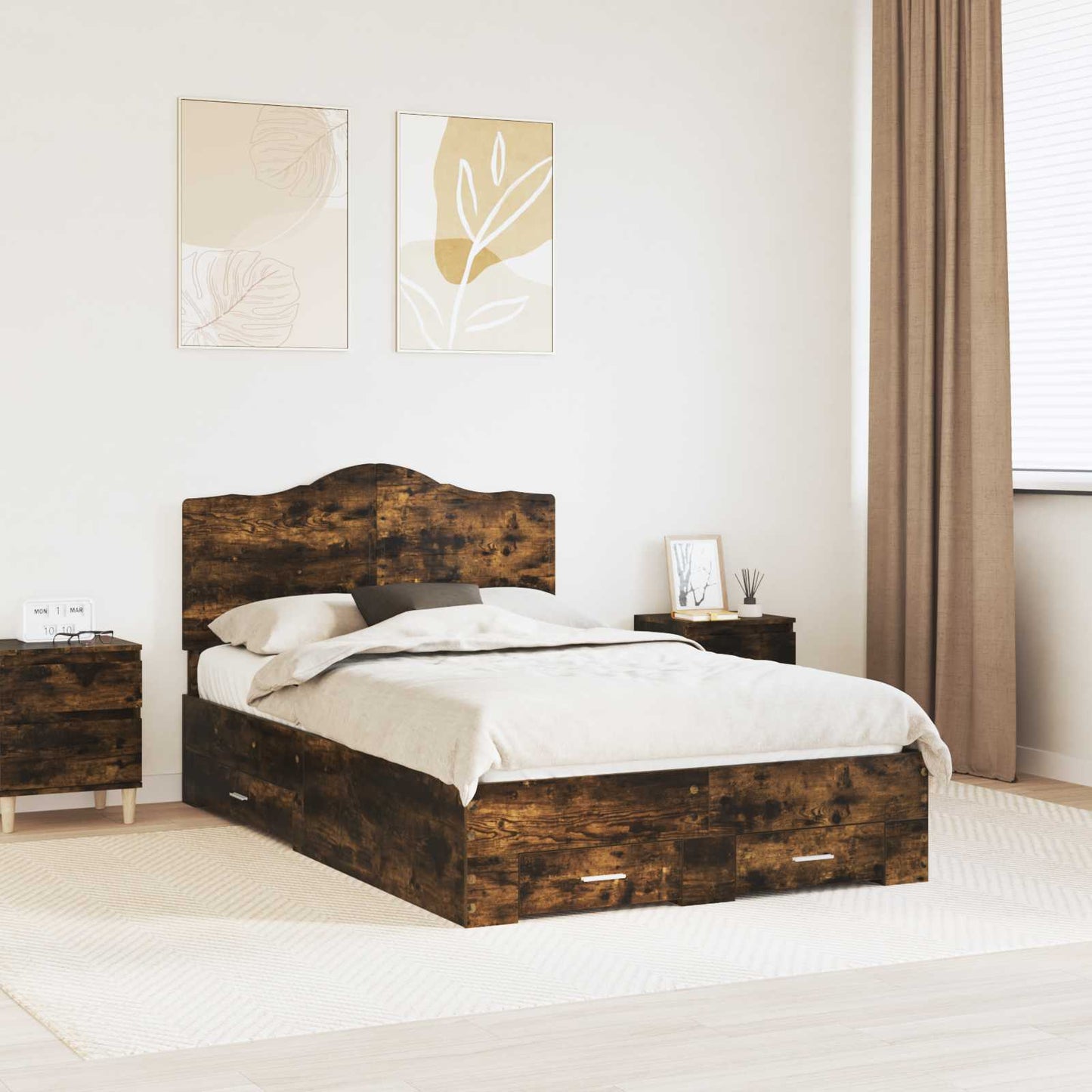 Bed Frame with Drawer Smoked Oak 135 x 190 cm Engineered Wood