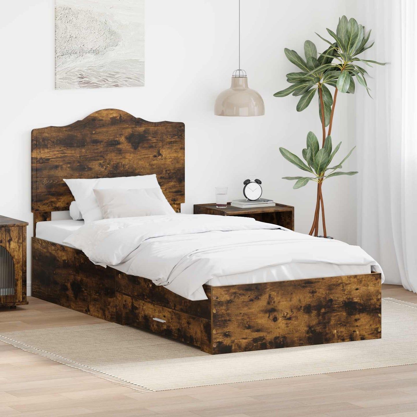 Bed Frame with Drawer Smoked Oak 100 x 200 cm Engineered Wood