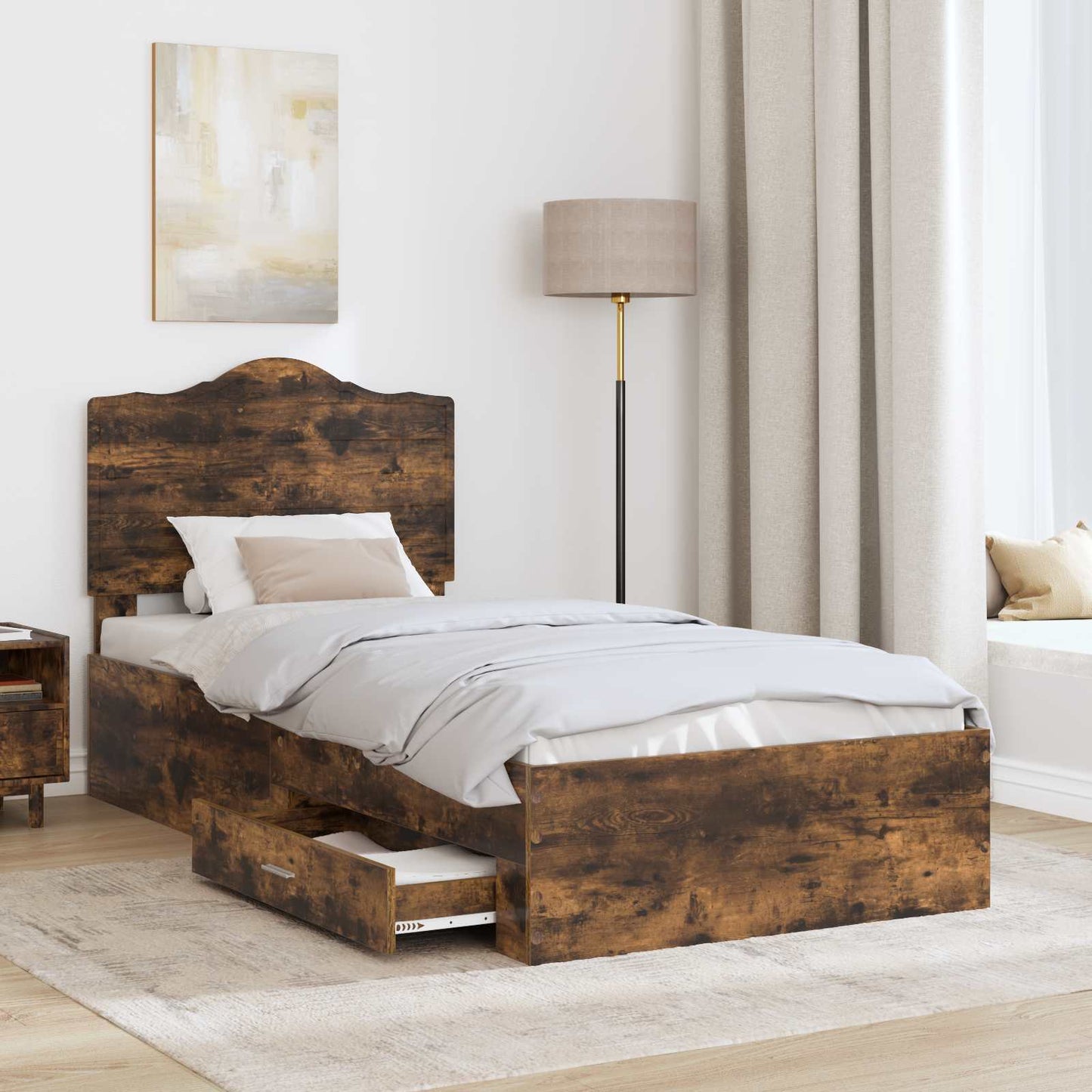 Bed Frame with Drawer Smoked Oak 100 x 200 cm Engineered Wood