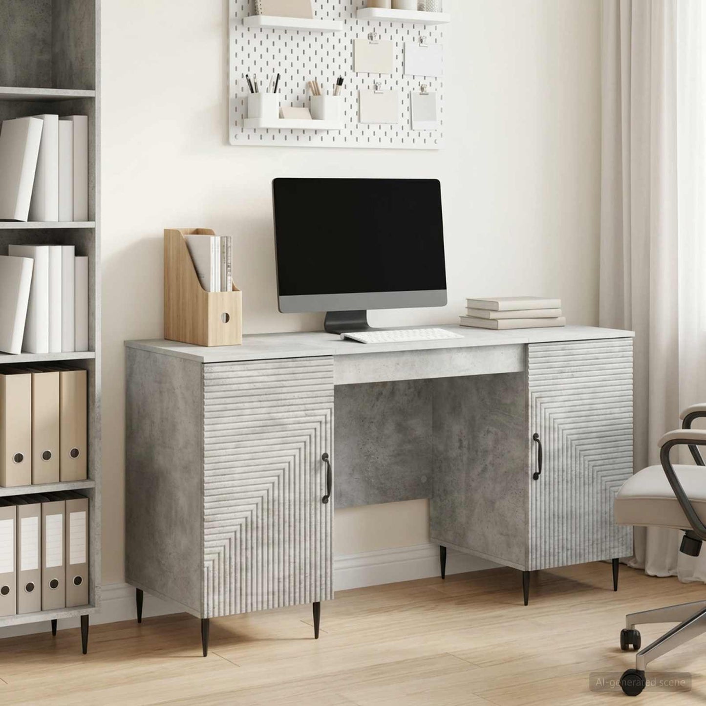 Desk with Door Concrete Grey 142.5 x 50 x 75 cm Engineered Wood