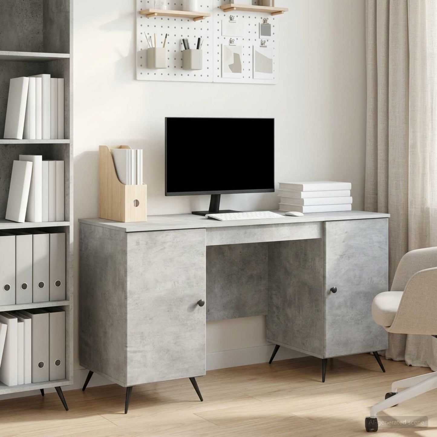 Desk with Door Concrete Grey 142.5 x 50 x 75 cm Engineered Wood