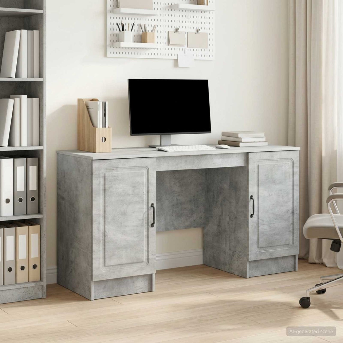 Desk with Door Concrete Grey 142.5 x 50 x 75 cm Engineered Wood