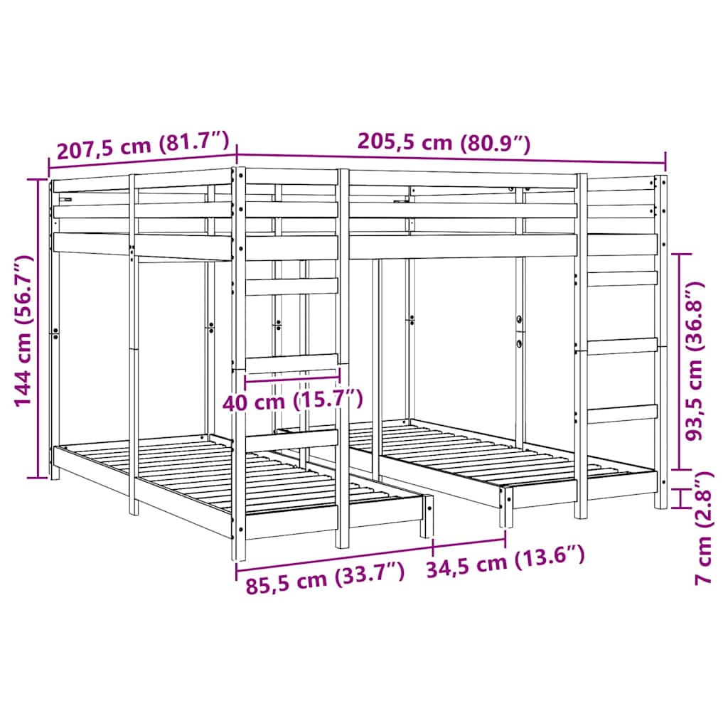 Triple Bunk Bed Frame Wax Brown 200 x 200 cm Solid Pine Wood