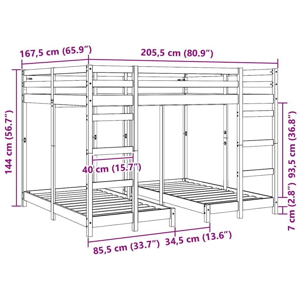 Triple Bunk Bed Frame Brown 160 x 200 cm Solid Pine Wood
