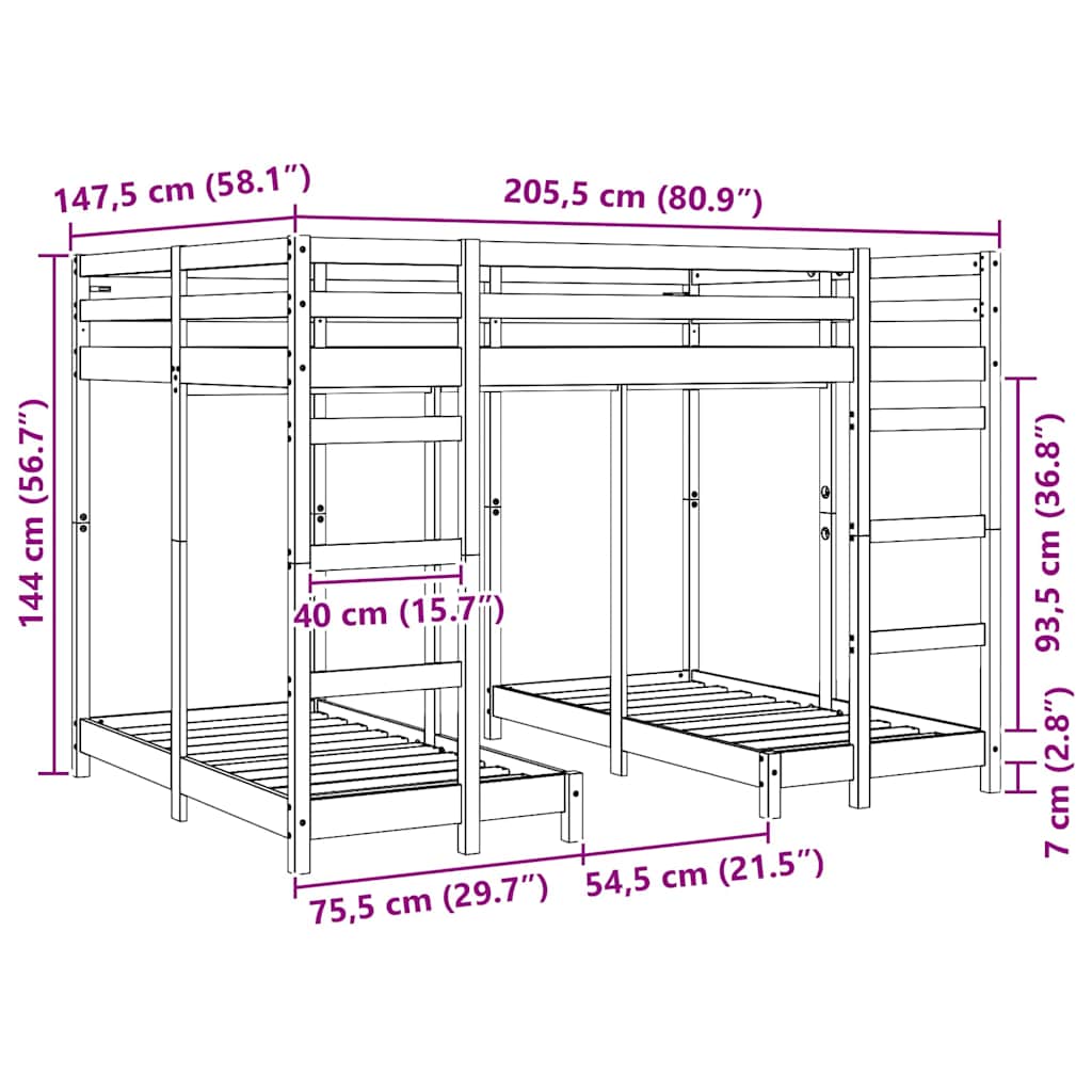 Triple Bunk Bed Frame Brown 140 x 200 cm Solid Pine Wood