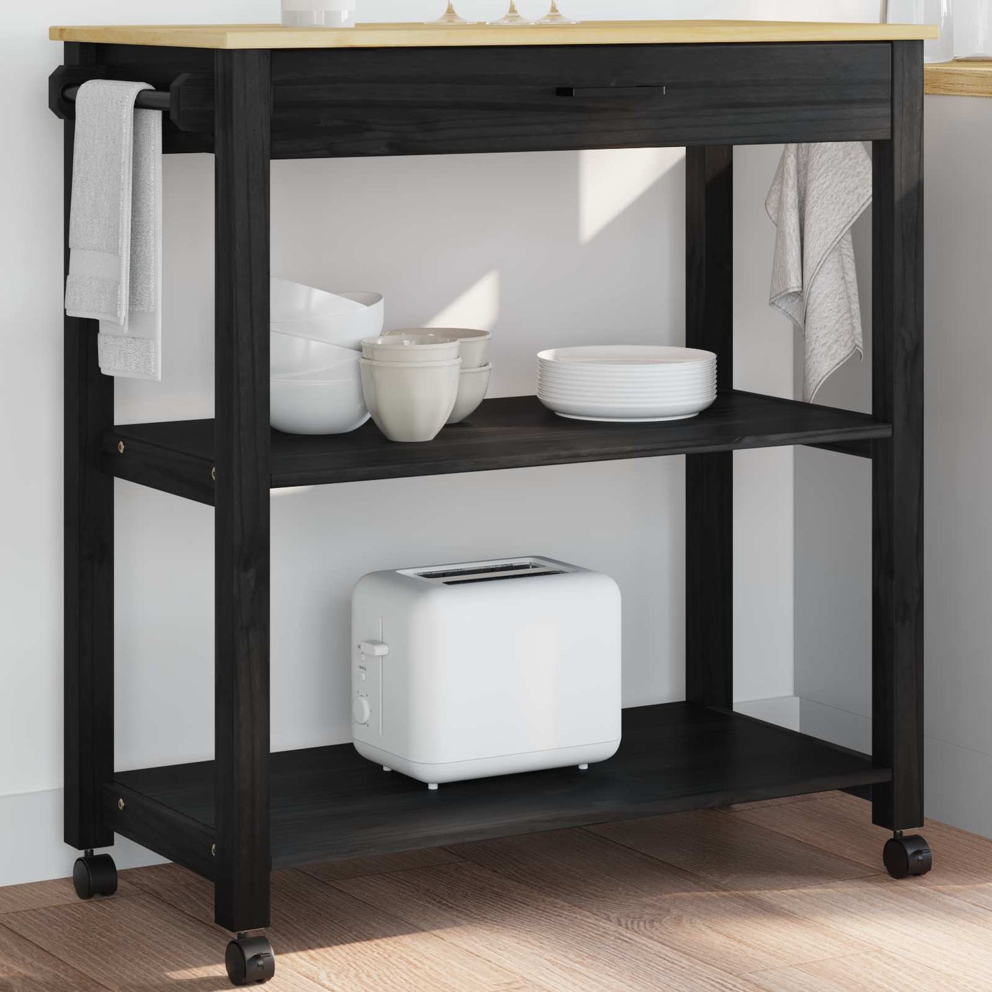 Kitchen Trolley MONZA Black 84 x 40 x 88.5 cm Solid Pine Wood