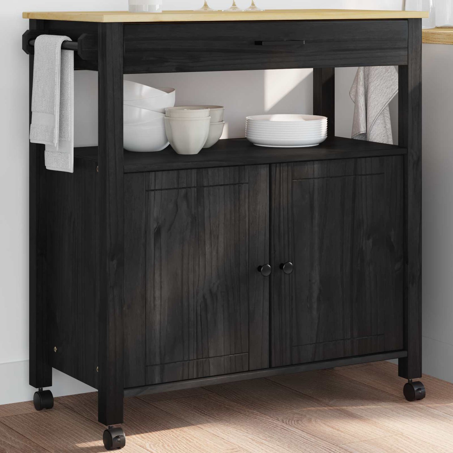 Kitchen Trolley MONZA Black 84 x 40 x 88.5 cm Solid Pine Wood
