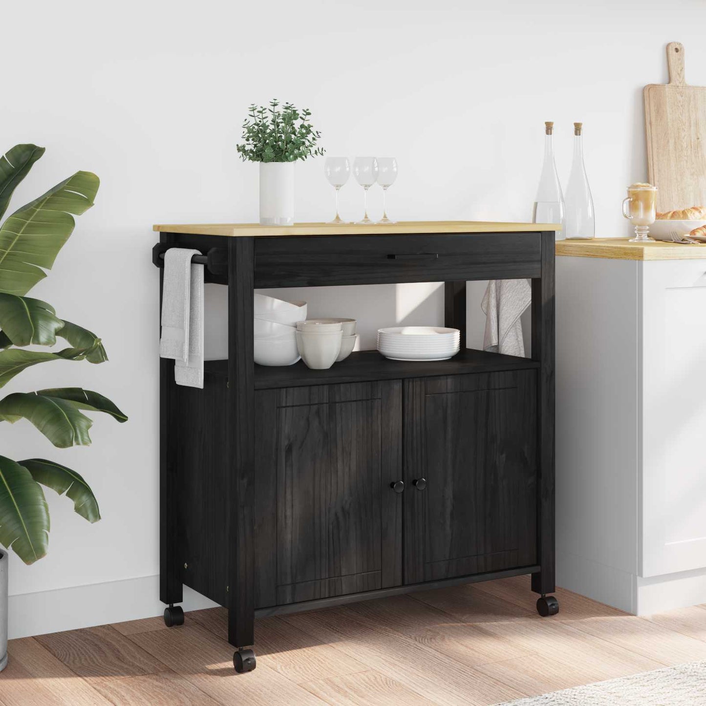 Kitchen Trolley MONZA Black 84 x 40 x 88.5 cm Solid Pine Wood