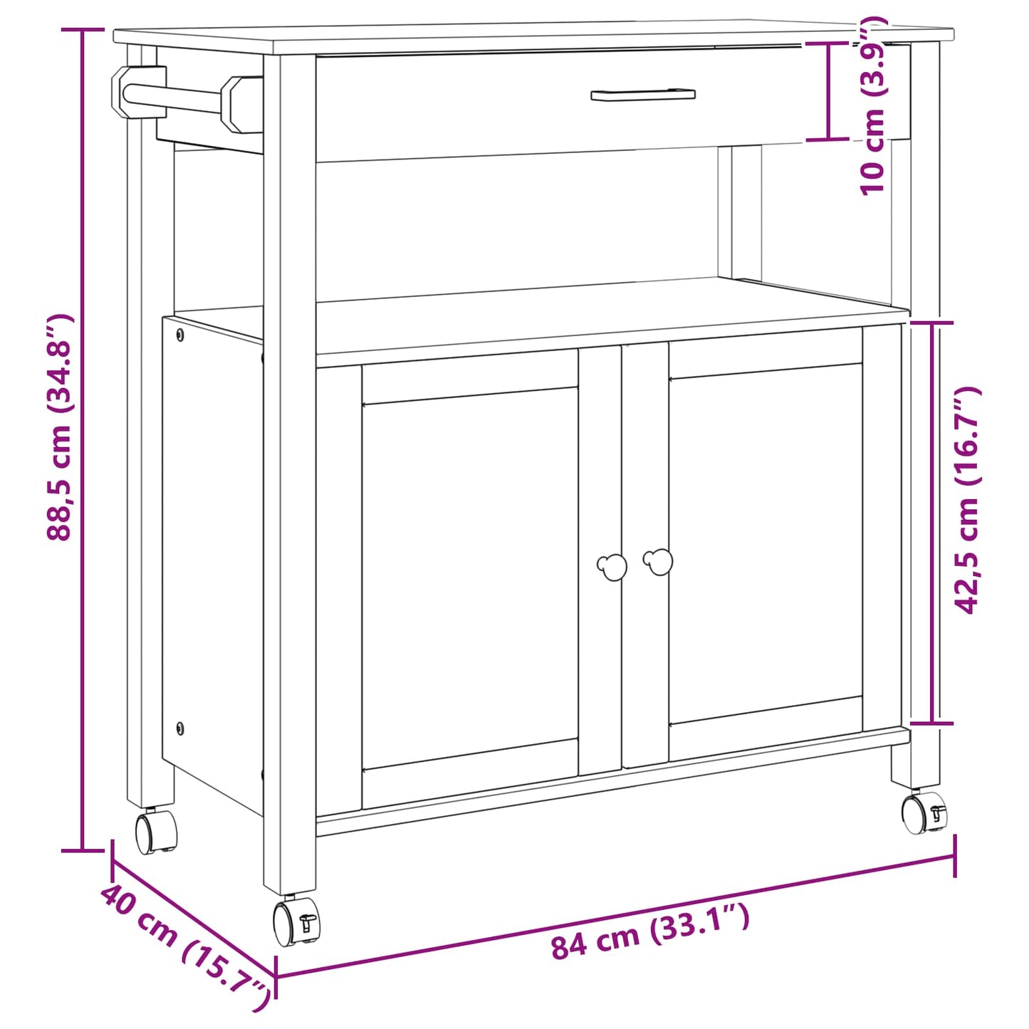 Kitchen Trolley MONZA Black 84 x 40 x 88.5 cm Solid Pine Wood