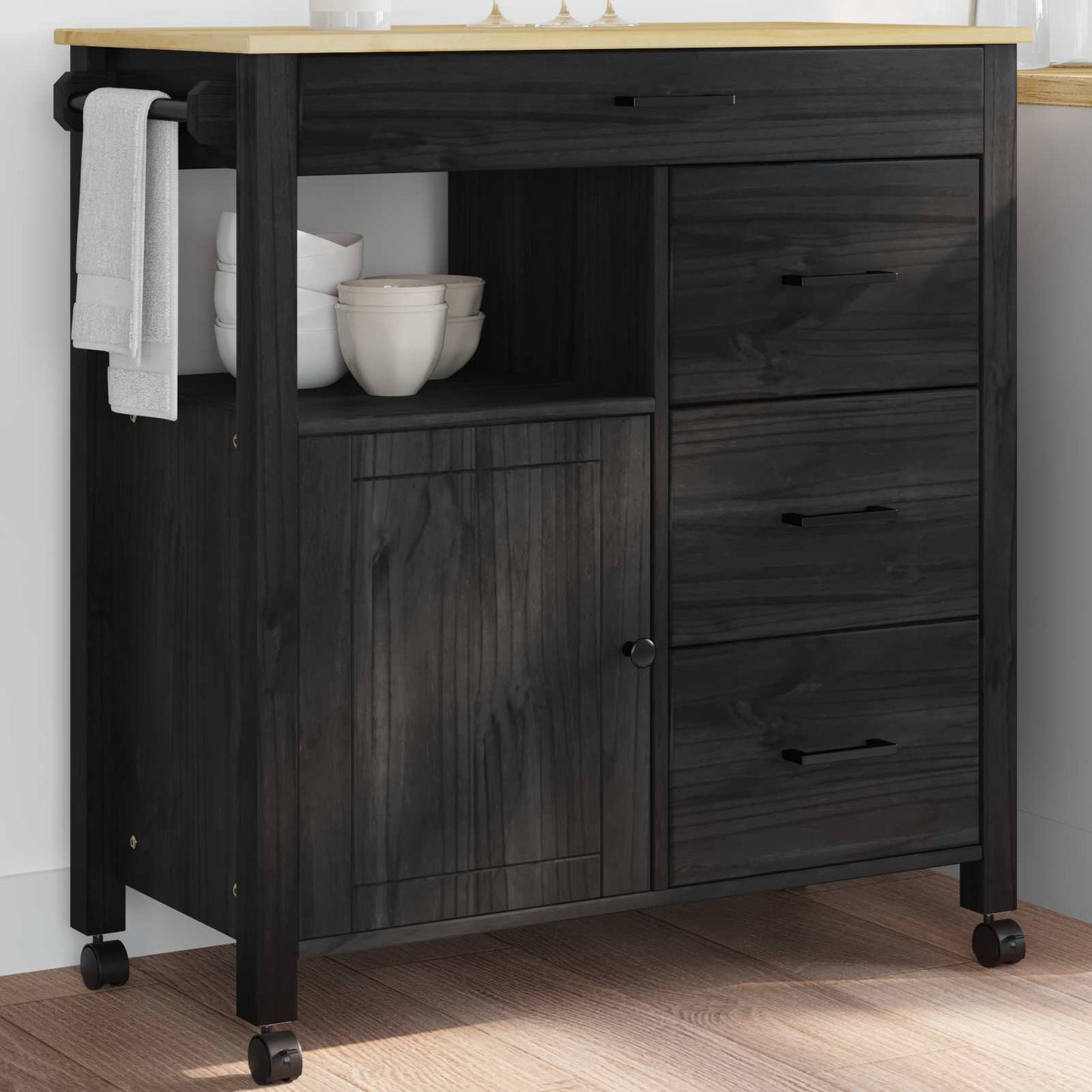 Kitchen Trolley MONZA Black 84 x 40 x 88.5 cm Solid Pine Wood