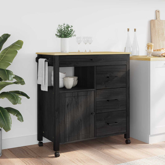 Kitchen Trolley MONZA Black 84 x 40 x 88.5 cm Solid Pine Wood