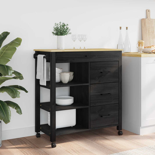 Kitchen Trolley MONZA Black 84 x 40 x 88.5 cm Solid Pine Wood