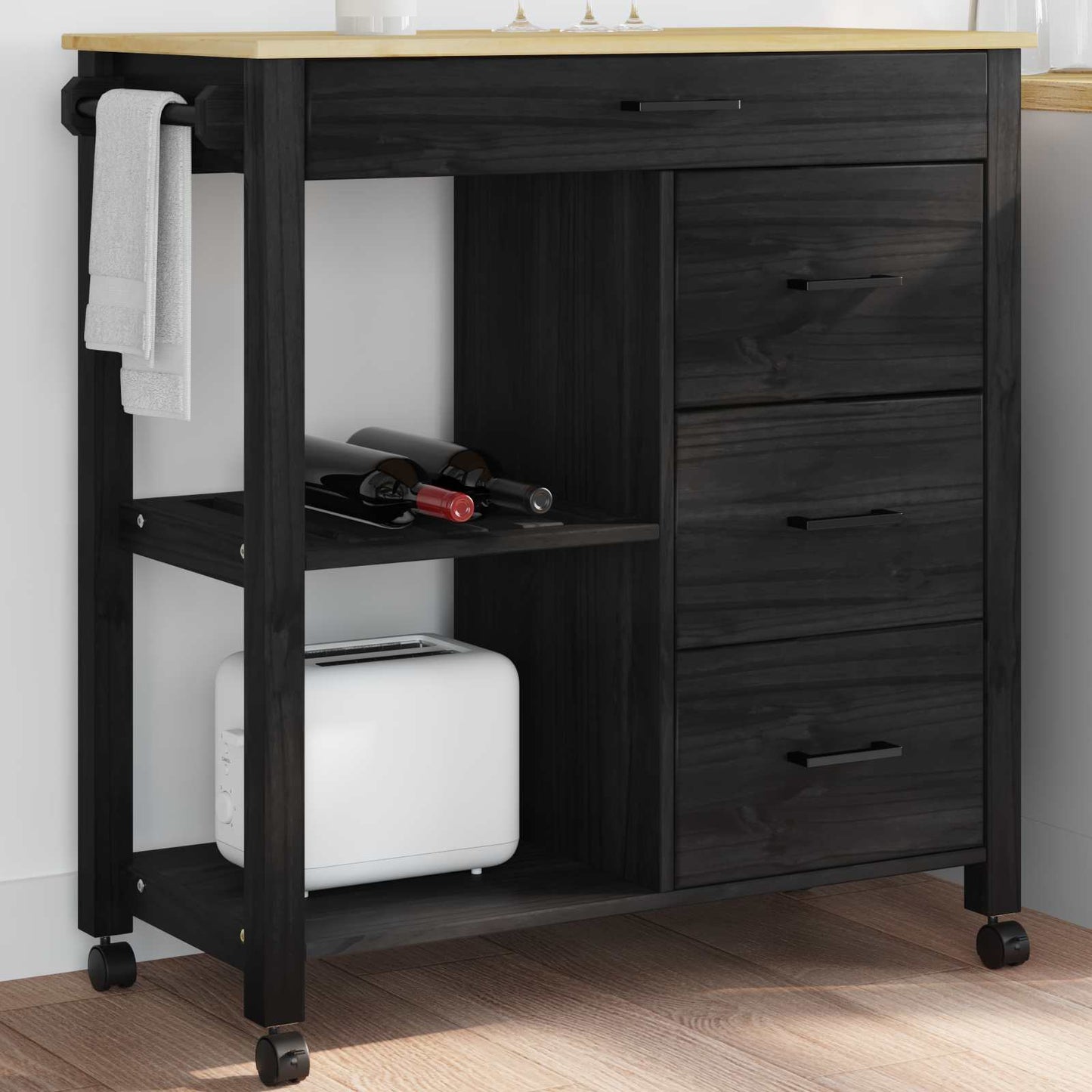 Kitchen Trolley MONZA Black 84 x 40 x 88.5 cm Solid Pine Wood