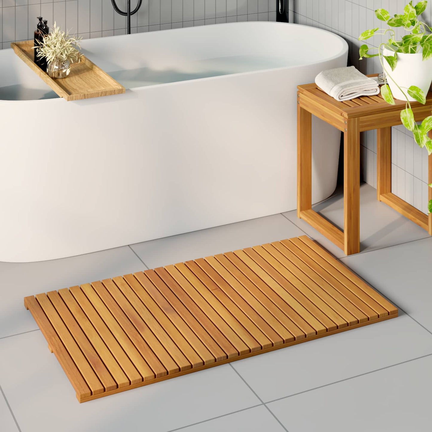 Bath Mat Plain Brown 100 x 55 cm Solid Acacia Wood