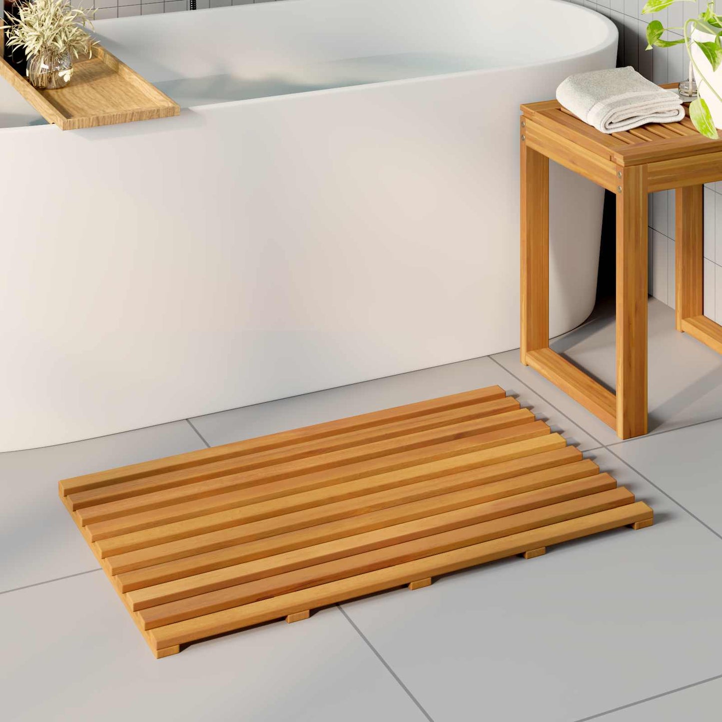 Bath Mat Plain Brown 80 x 48 x 2.5 cm Solid Acacia Wood