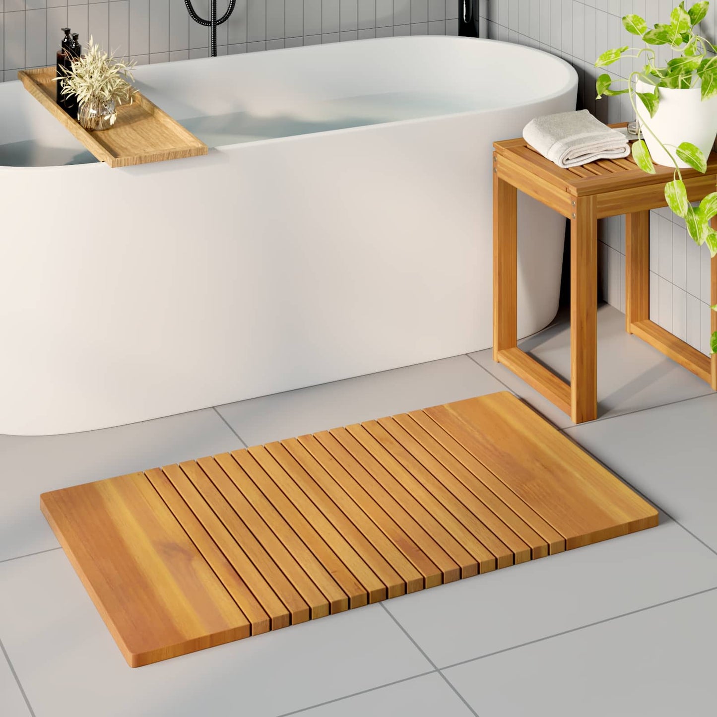 Bath Mat Plain Brown 100 x 55 cm Solid Acacia Wood