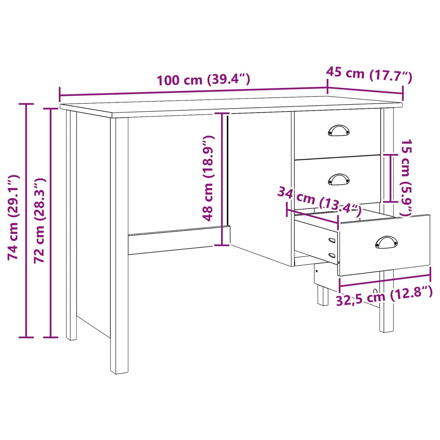 Desk with Drawers HILL White 100 x 45 x 74 cm Solid Pine Wood