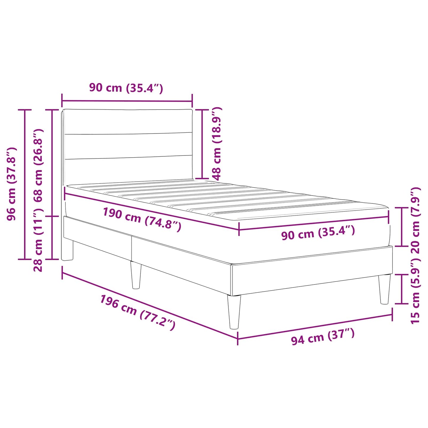 Bed Frame with Mattress Dark Grey 90 x 190 cm Fabric