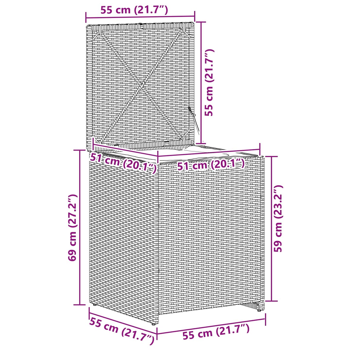 Cushion Box Light Grey 55 x 55 x 69 cm Poly Rattan