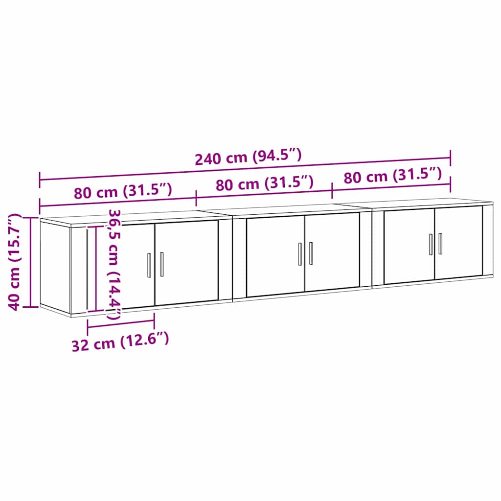 Wall-mounted TV Cabinet Set 3 pcs Black Oak 80 x 34.5 x 40 cm