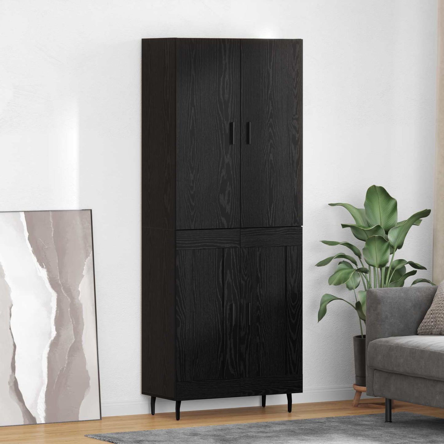 Highboard 2 pcs Black oak Engineered Wood and Glass