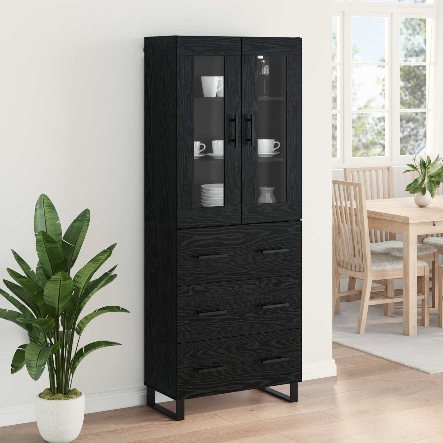 Highboard with Drawer 2 pcs Black Oak Engineered Wood and Glass