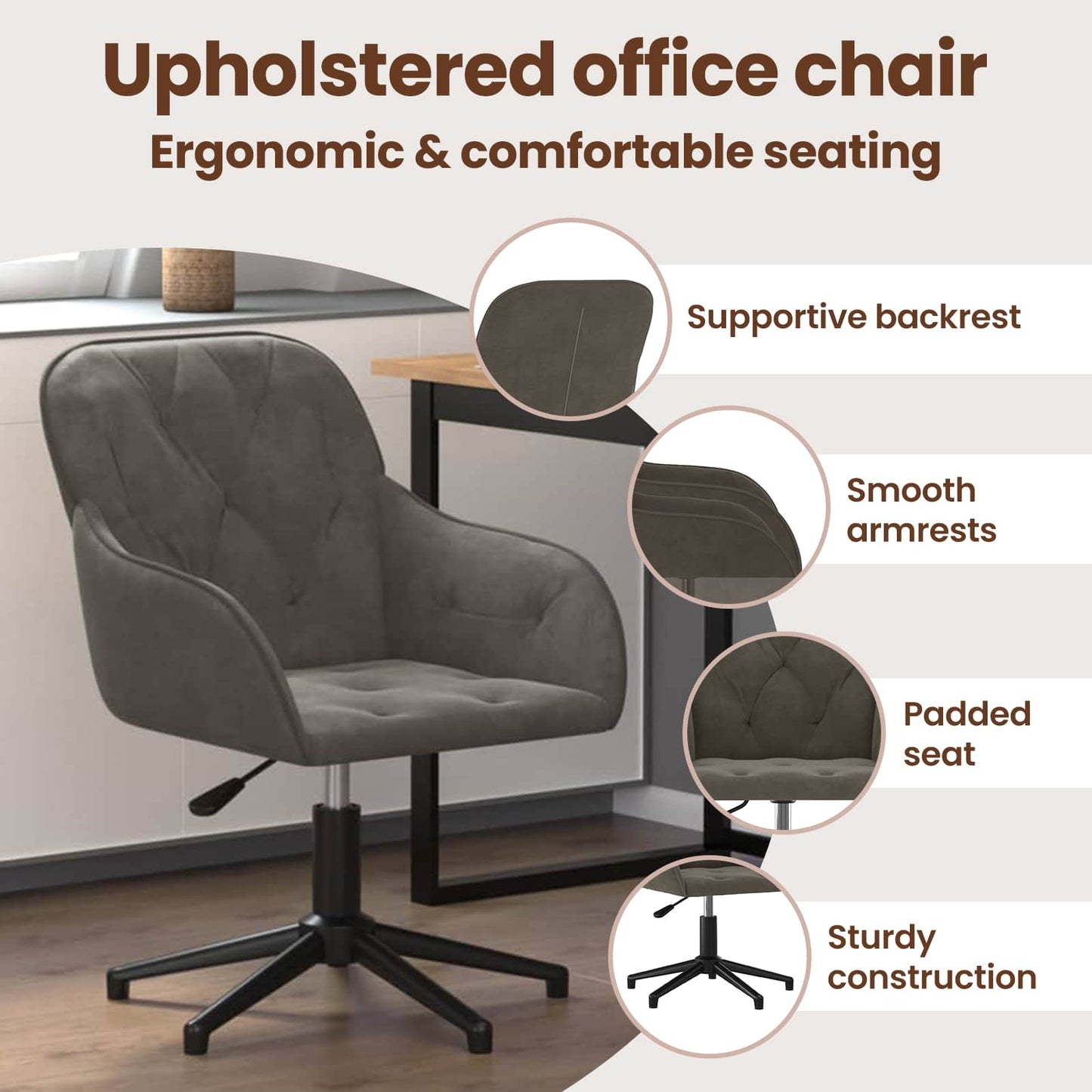 Office Chair Dark Grey 56 x 61.5 x 72 cm Velvet