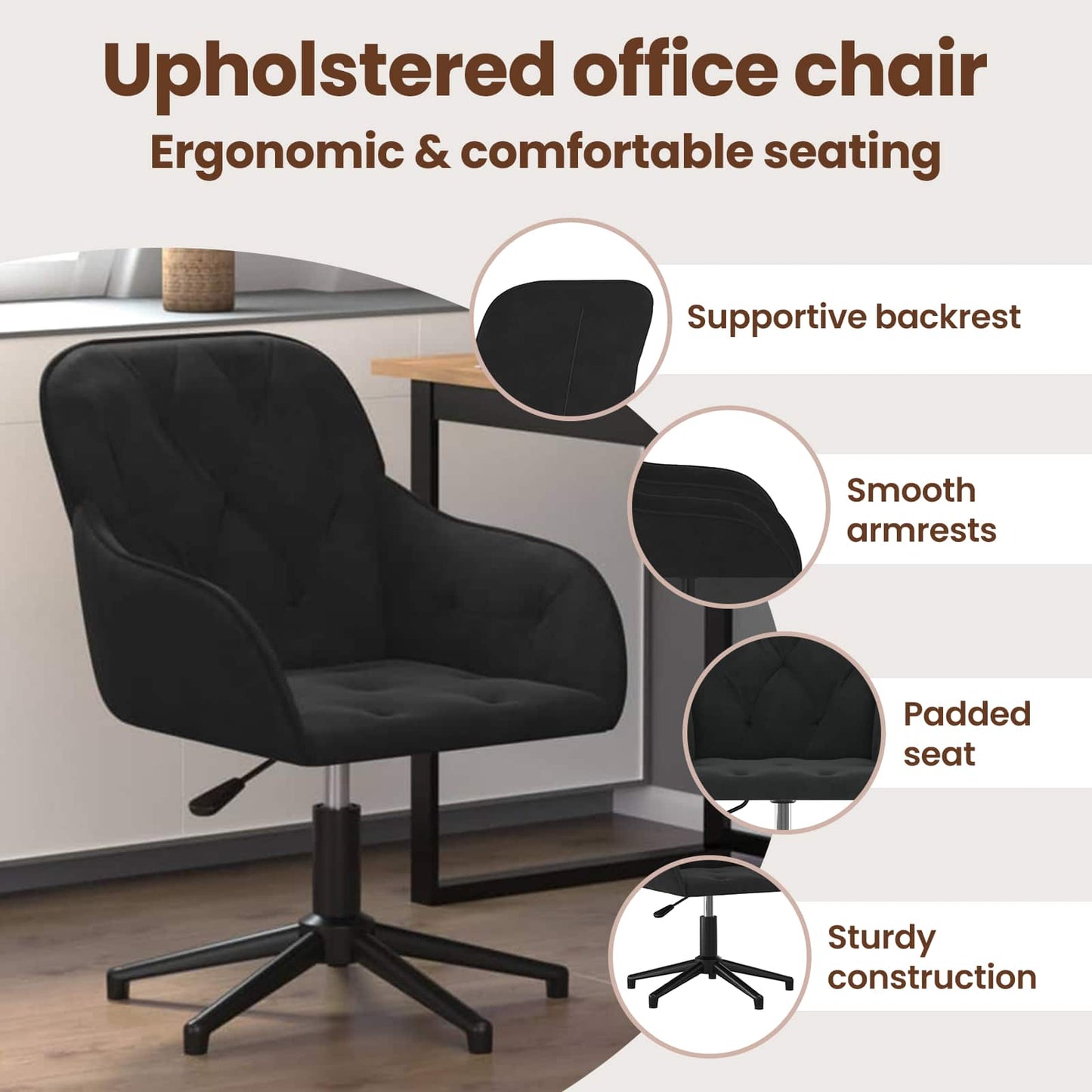 Office Chair Height Adjustable Black 56 x 61.5 x 72 cm Velvet