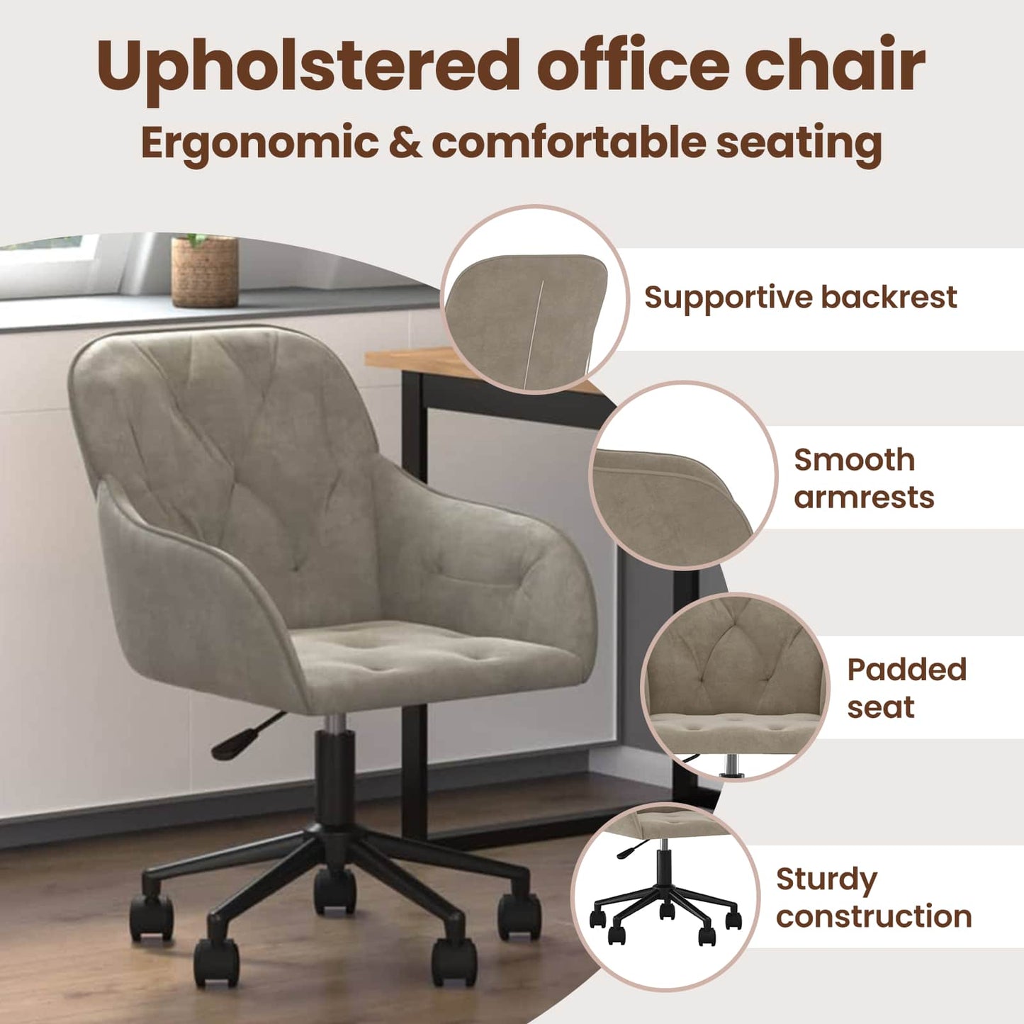Office Chair with Wheel Light Grey 56 x 61.5 x 72 cm Velvet