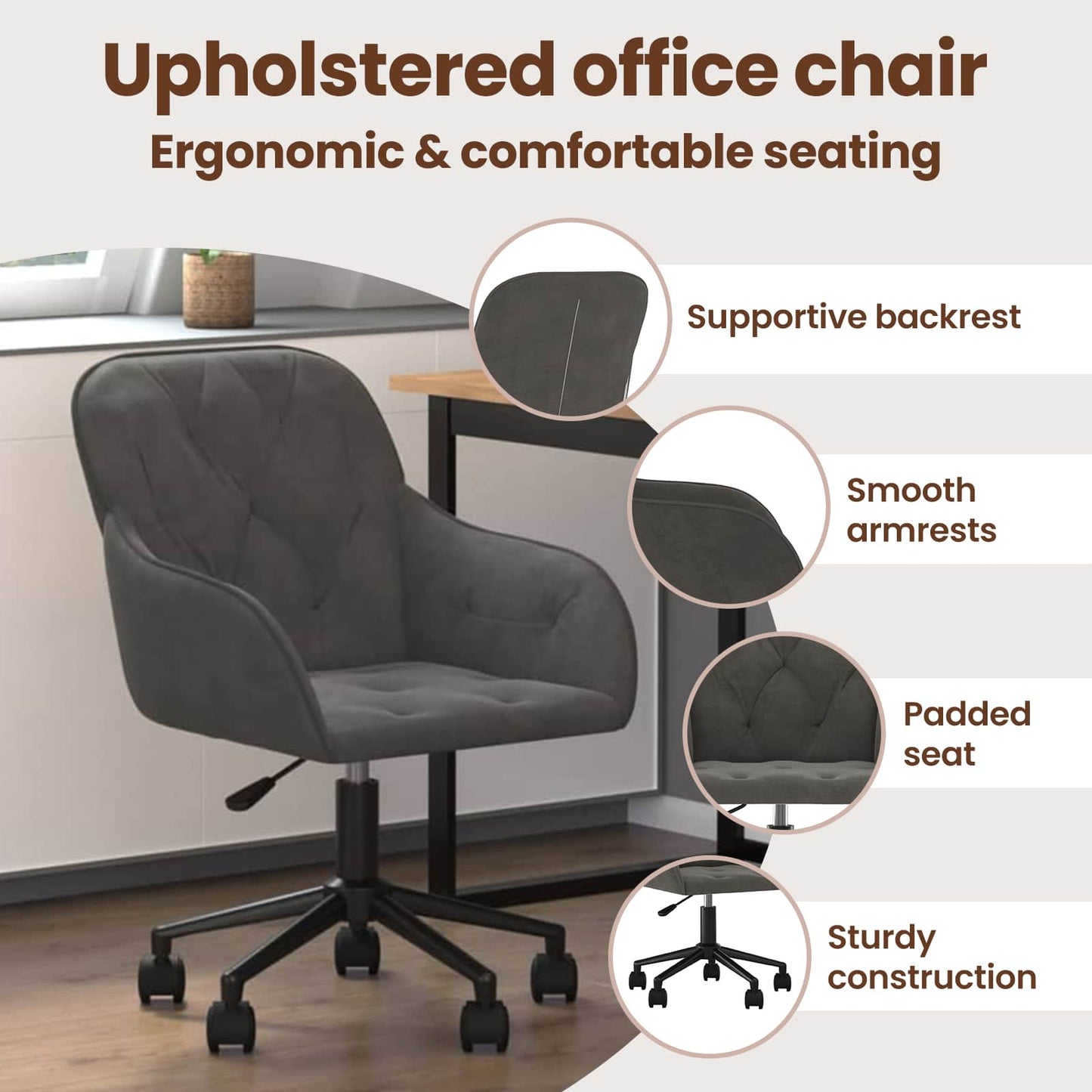 Office Chair with Wheel Dark Grey 56 x 61.5 x 72 cm Velvet