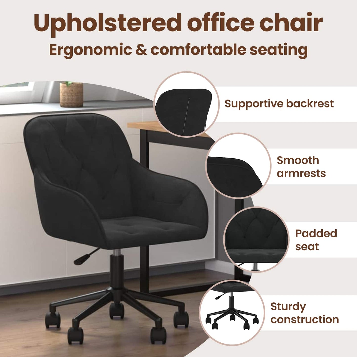 Office Chair Height Adjustable Black 56 x 61.5 x 72 cm Velvet