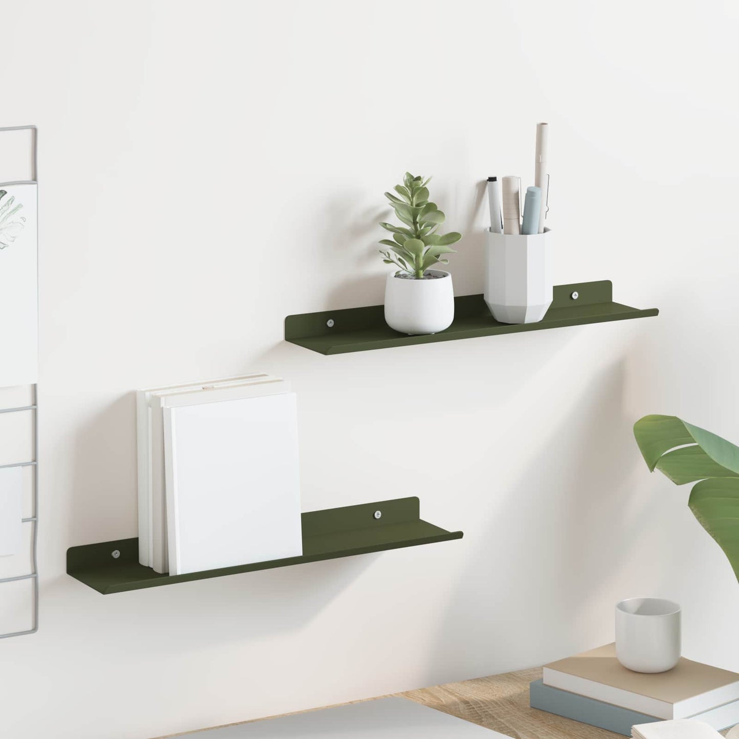 Floating Shelf 2 pcs Olive Green 40 x 8.5 x 2.5 cm Steel