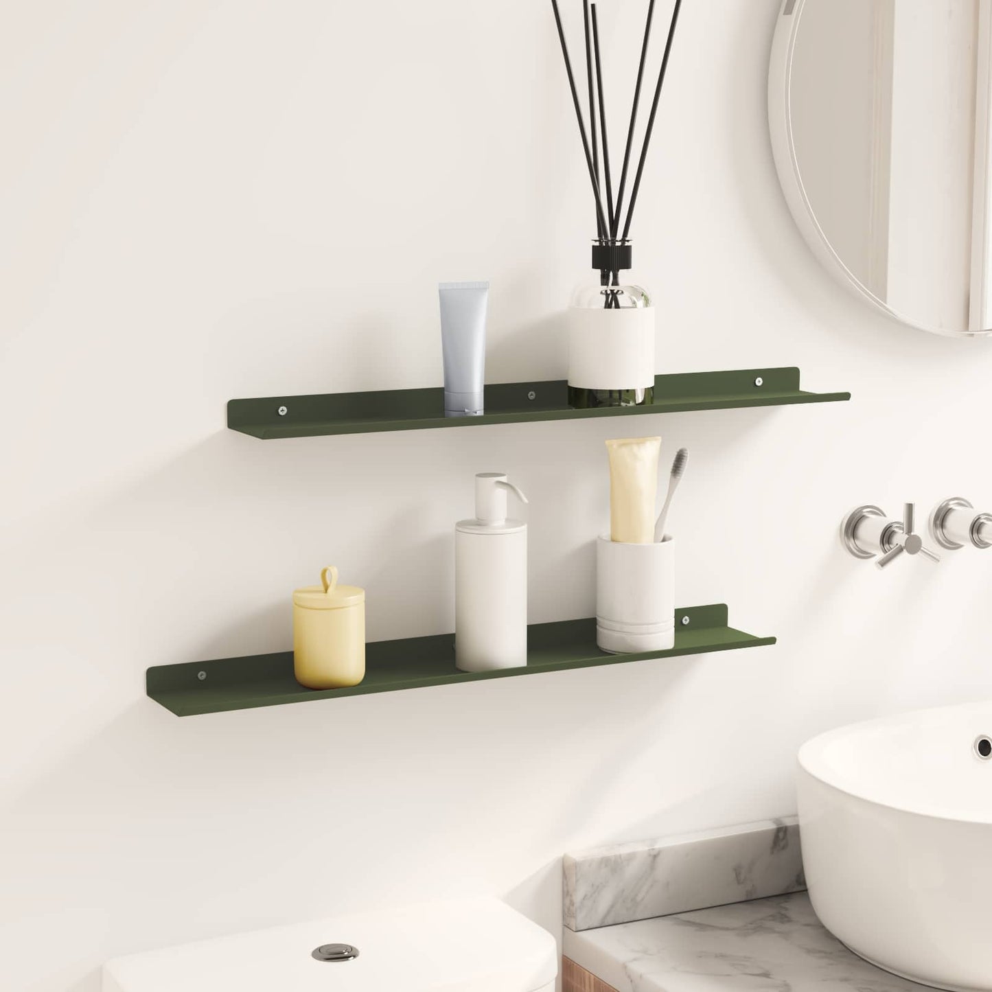 Floating Shelf 2 pcs Olive Green 60 x 8.5 x 2.5 cm Steel