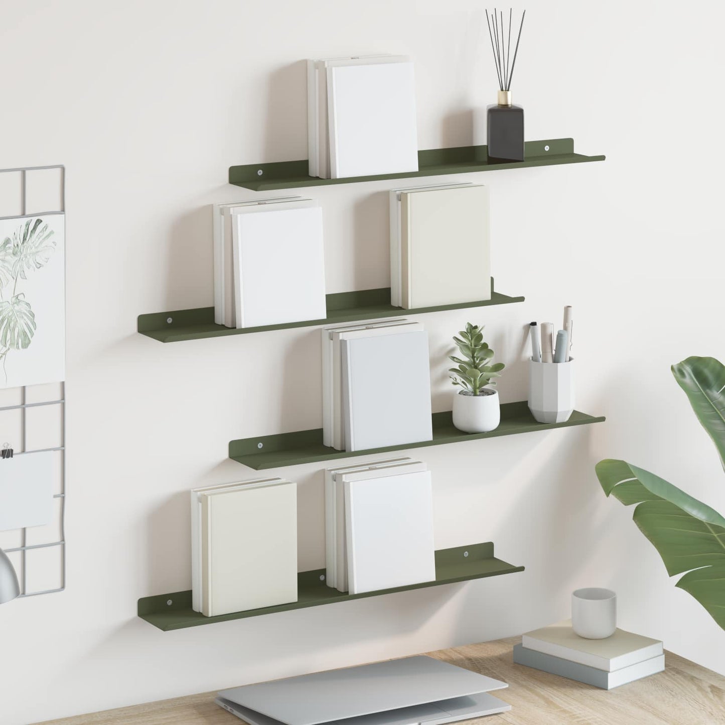 Floating Shelf 4 pcs Olive Green 60 x 8.5 x 2.5 cm Steel