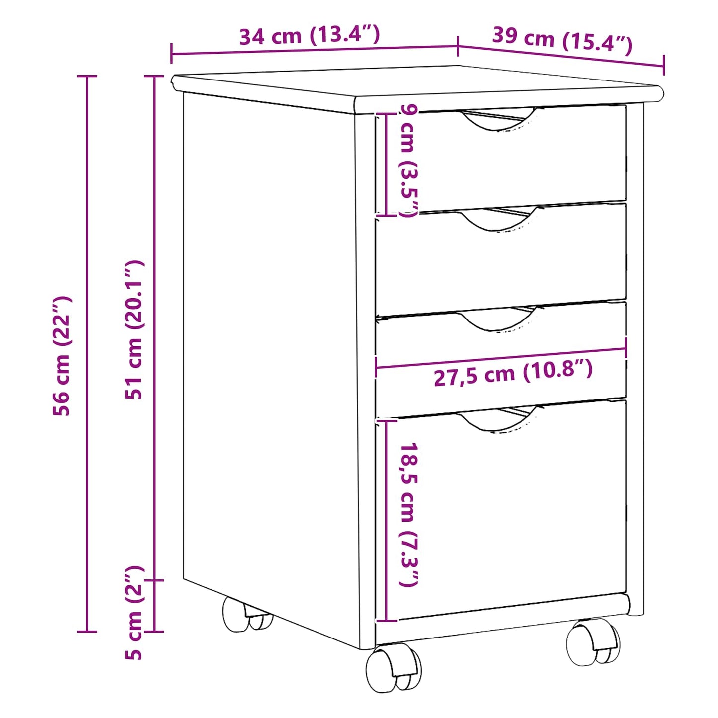 Rolling Cabinet Black 34 x 39 x 56 cm Solid Pine Wood