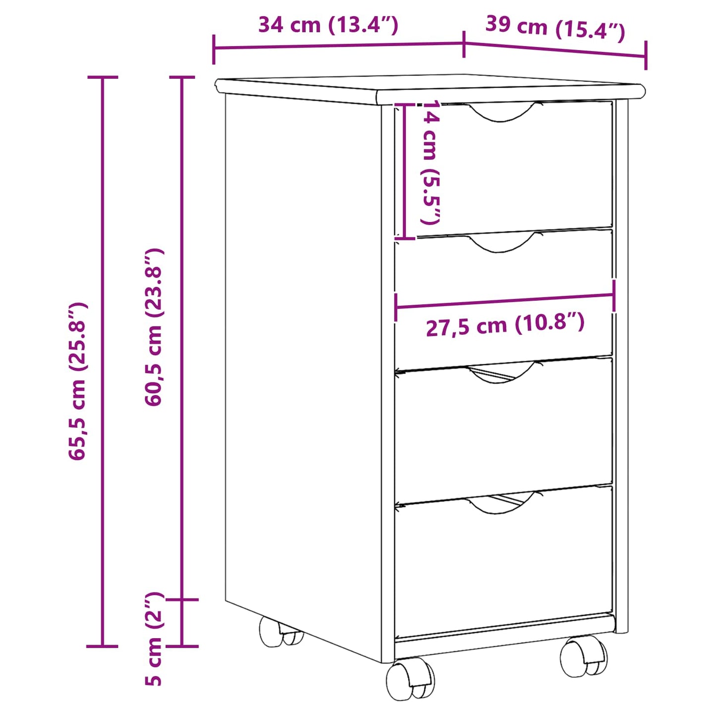 Rolling Cabinet Honey Brown 34 x 39 x 65.5 cm Solid Pine Wood
