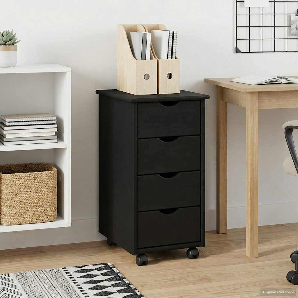 Rolling Cabinet Black 34 x 39 x 65.5 cm Solid Pine Wood