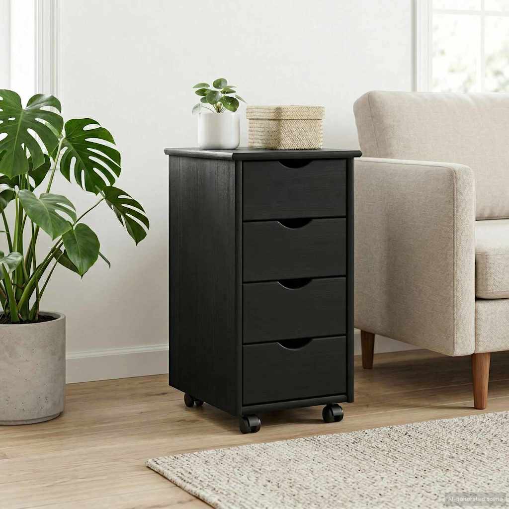 Rolling Cabinet Black 34 x 39 x 65.5 cm Solid Pine Wood