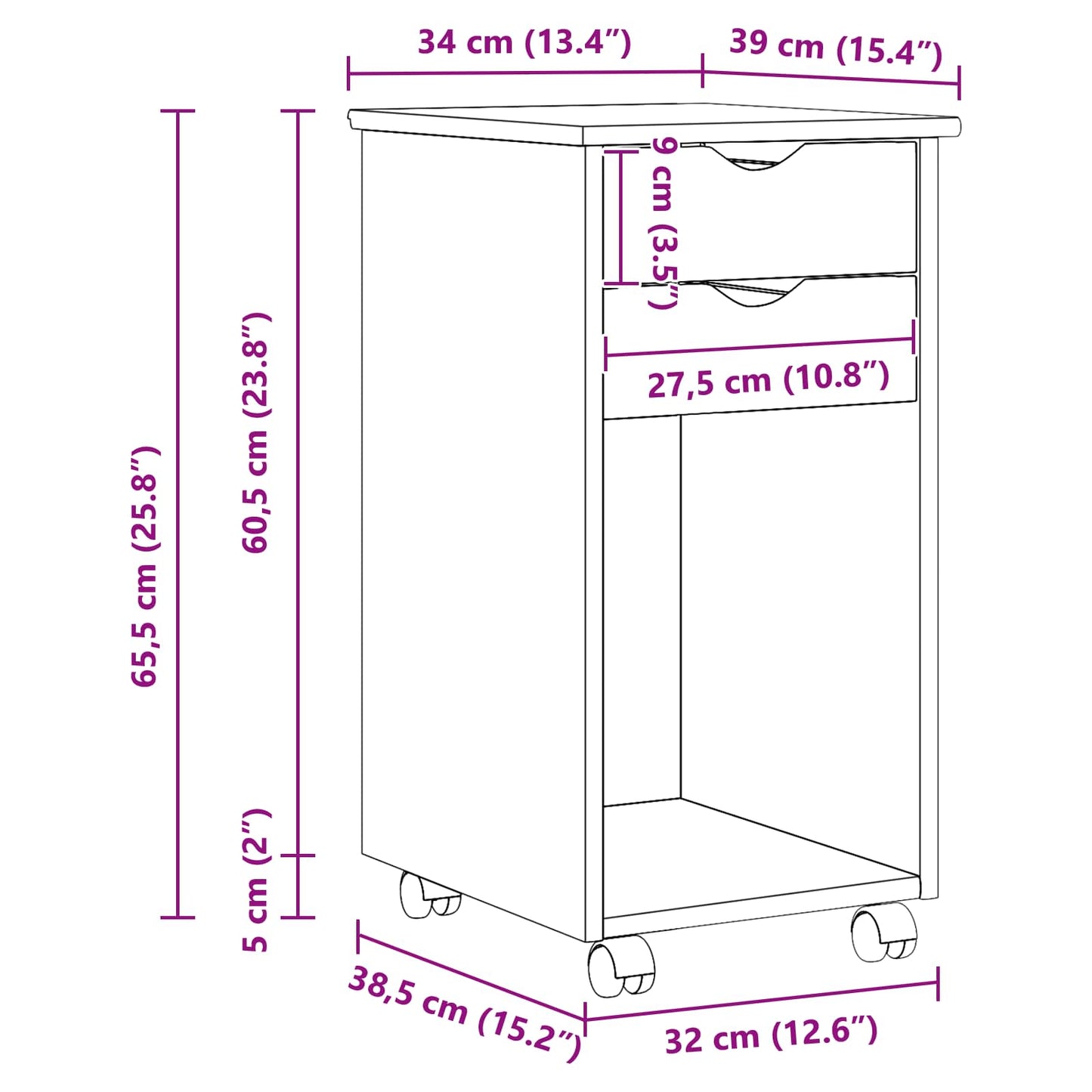Rolling Cabinet Honey Brown 34 x 39 x 65.5 cm Solid Pine Wood
