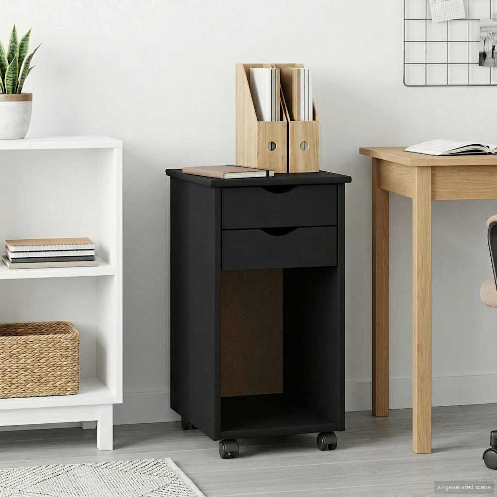 Rolling Cabinet Black 34 x 39 x 65.5 cm Solid Pine Wood
