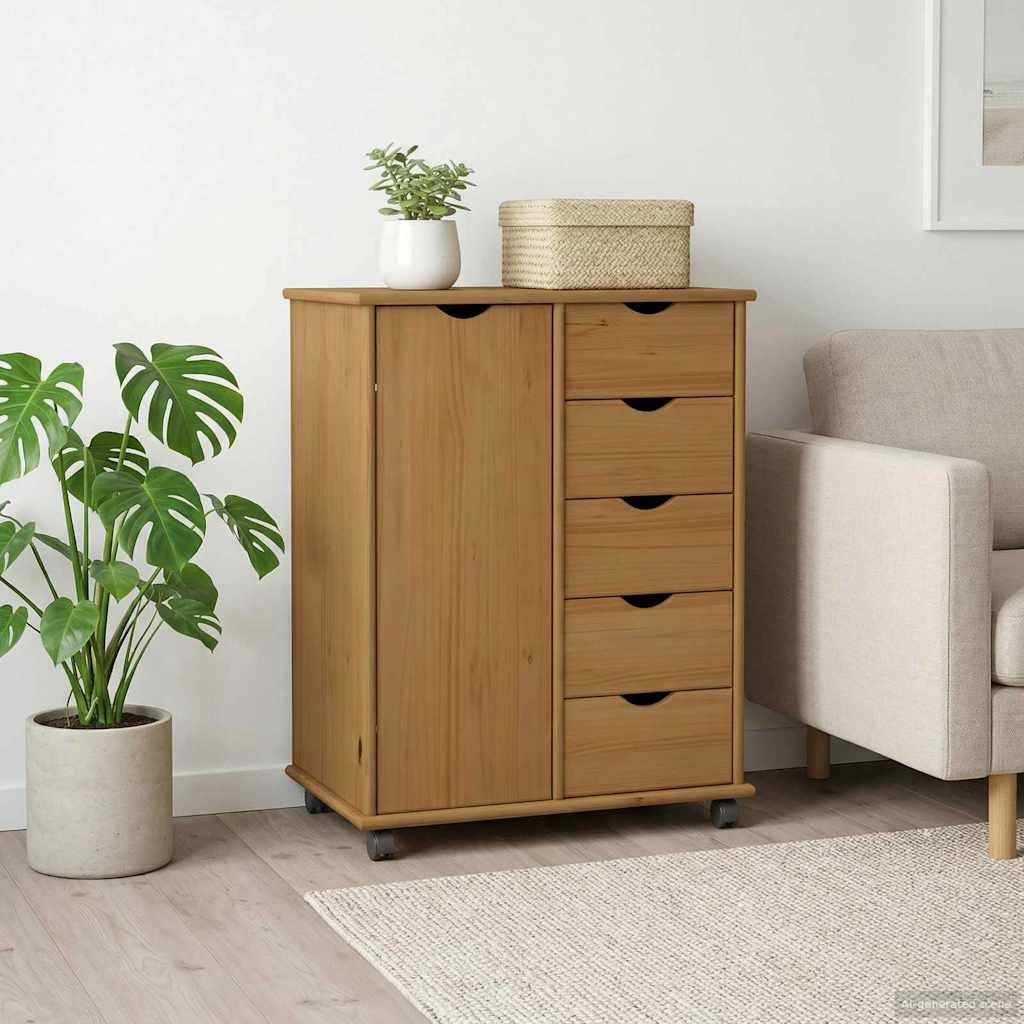 Rolling Cabinet Honey Brown 63.5 x 39 x 79 cm Solid Pine Wood