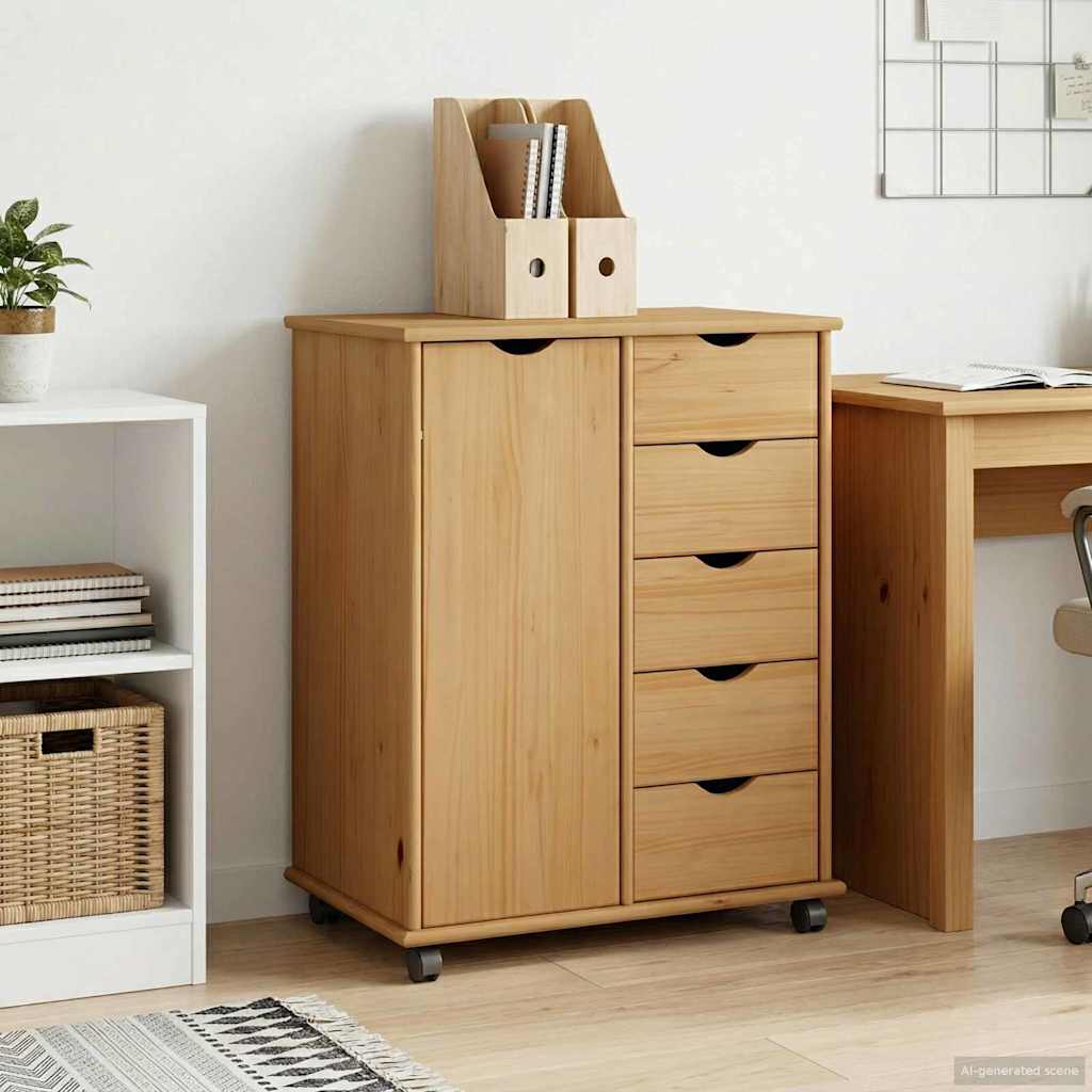 Rolling Cabinet Honey Brown 63.5 x 39 x 79 cm Solid Pine Wood