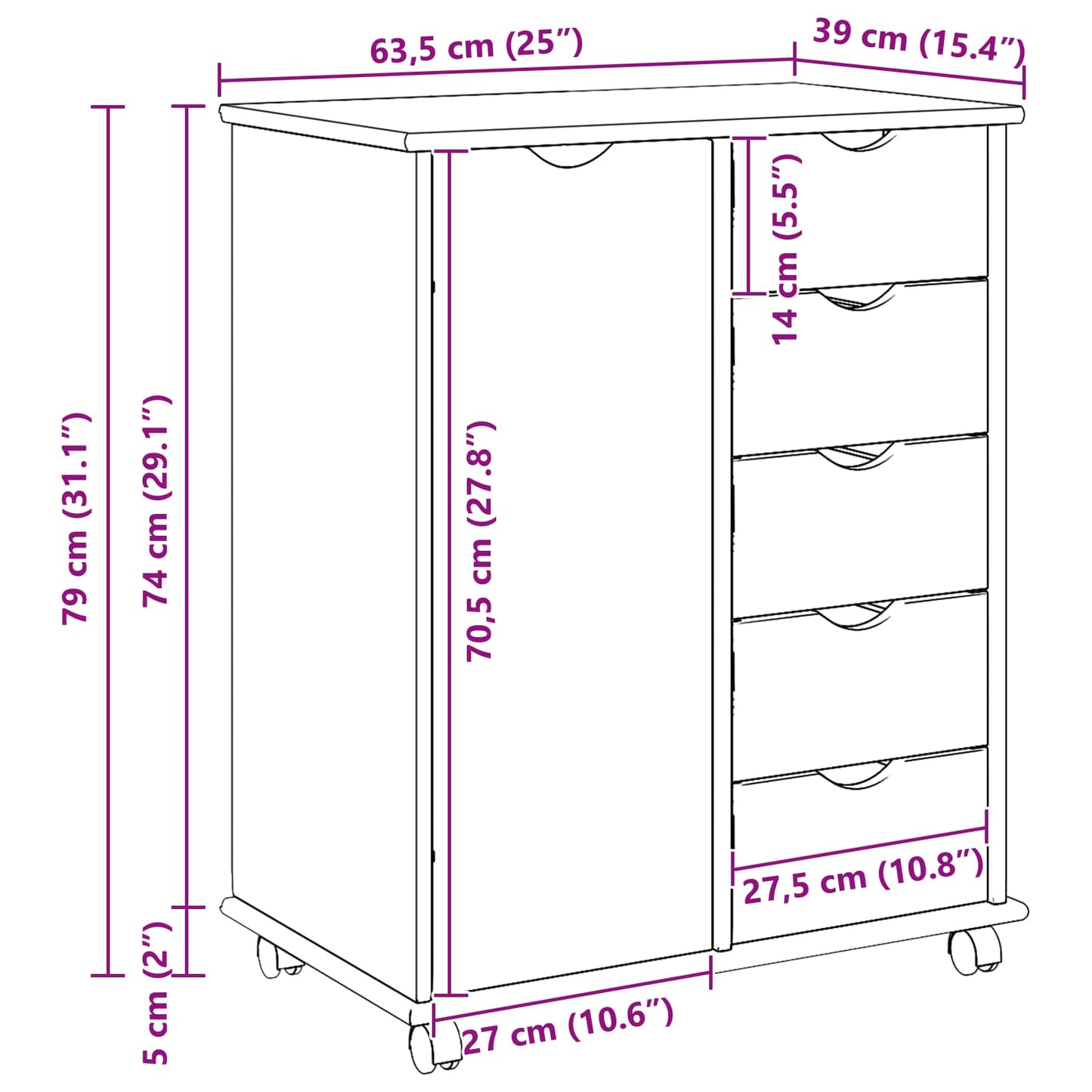 Rolling Cabinet White 63.5 x 39 x 79 cm Solid Pine Wood
