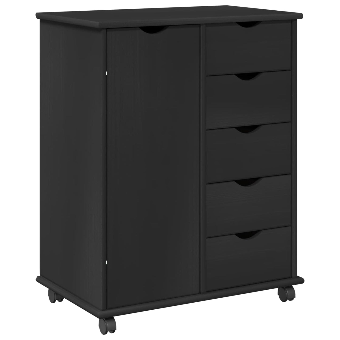 Rolling Cabinet Black 63.5 x 39 x 79 cm Solid Pine Wood