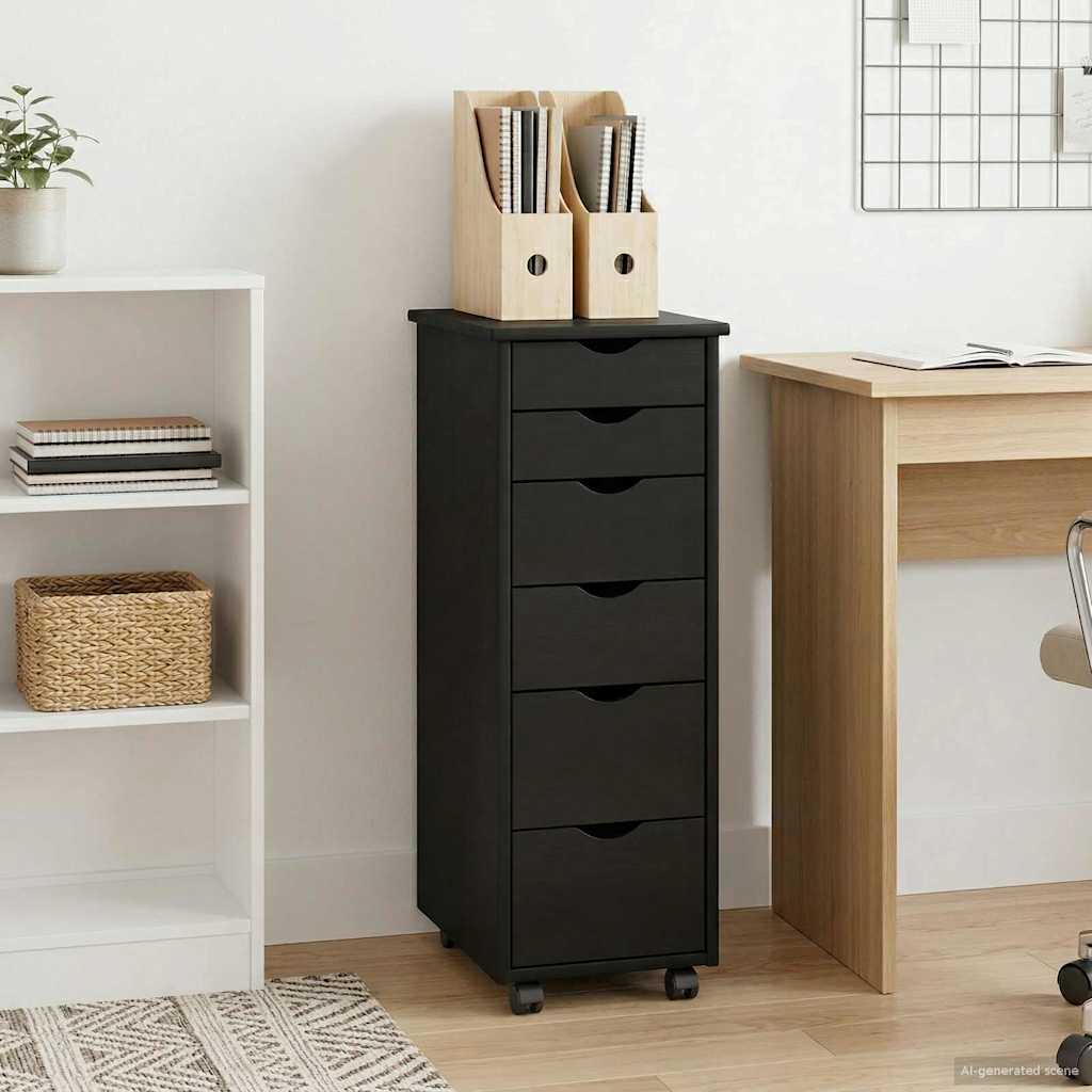 Rolling Cabinet Black 34 x 39 x 93.5 cm Solid Pine Wood