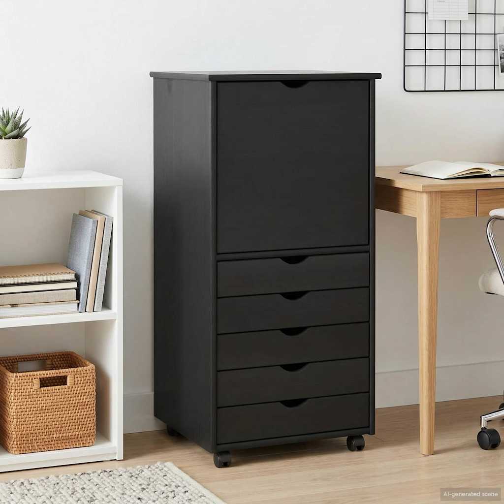 Rolling Cabinet Black 53 x 39 x 103 cm Solid Pine Wood