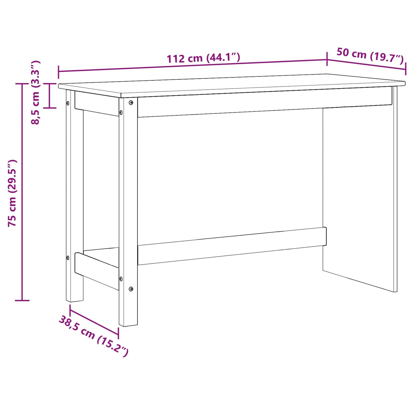 Desk Black 112 x 50 x 75 cm Solid Pine Wood